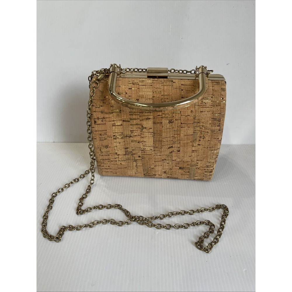 Savannah Cork Mini Handbag Crossbody Purse Gold Fleck Clasp Chain Strap